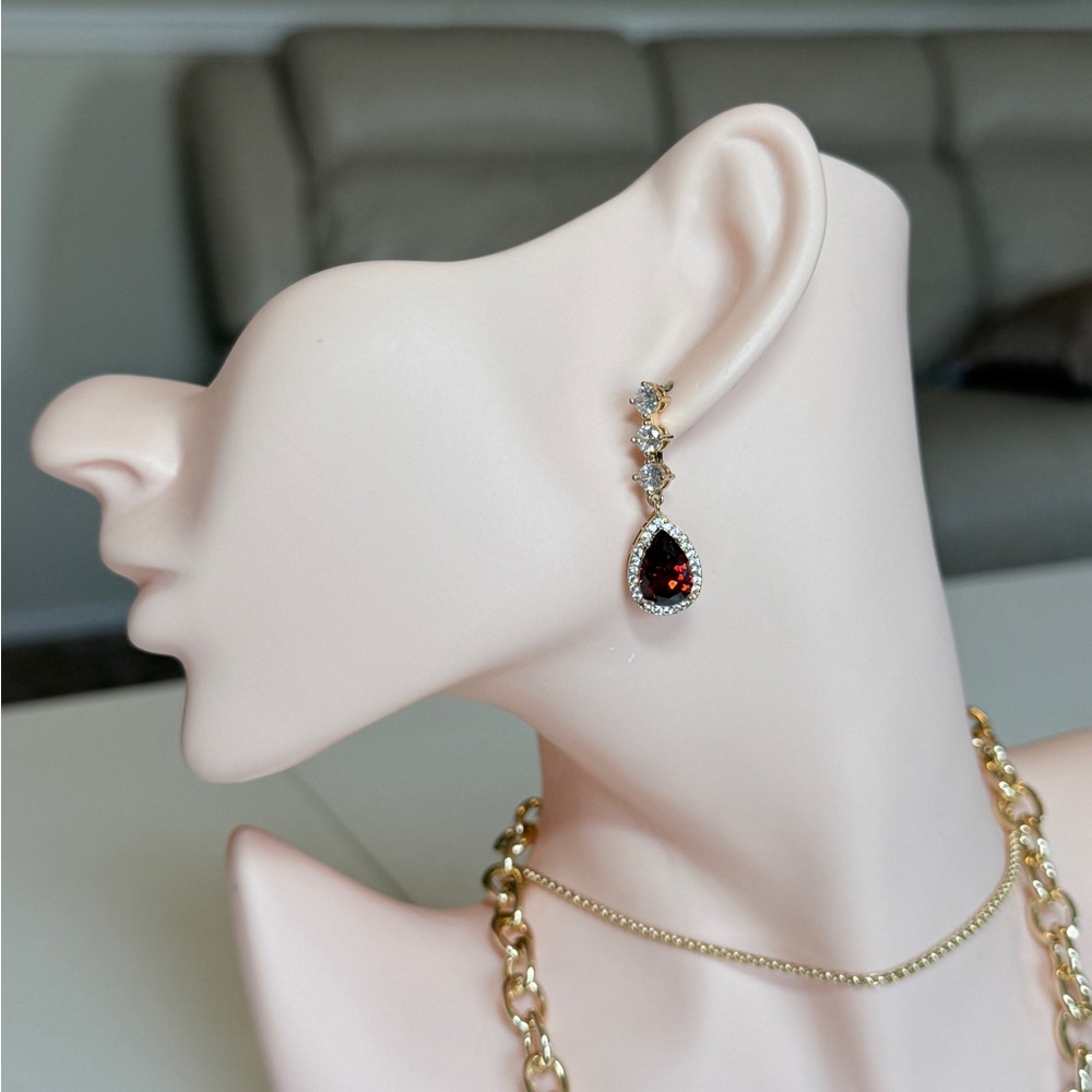Elegant Gold Drop Earrings with Garnet Red Teardrop Zirconia - Picture 3 of 15